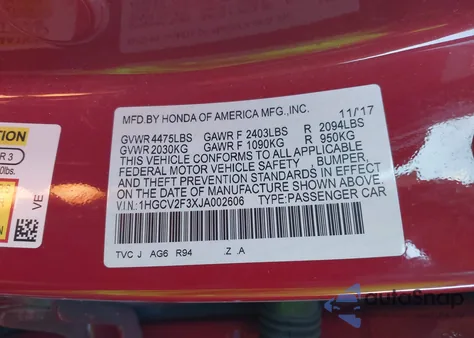 2018 Honda Accord Sport 2.0T from USA, damaged, VIN 1HGCV2F3XJA002606